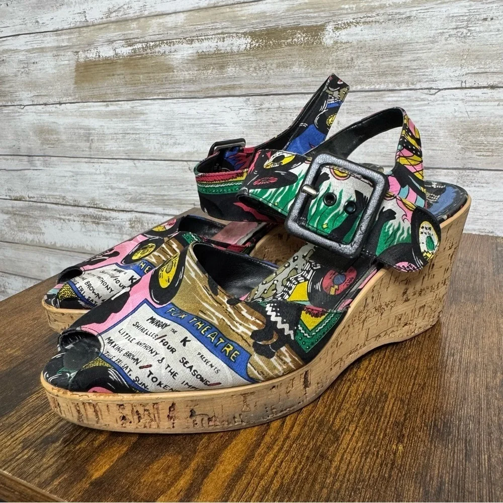 Nicole Miller Silk Platform Wedge Sandals 1960's Jazz Soul Music Pattern Size 7